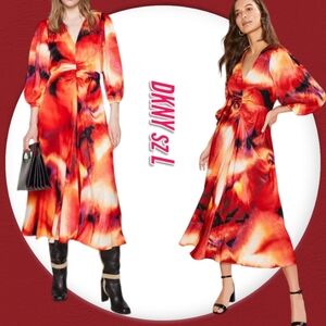 NWT DKNY Dress Midi Woman Satin Blouson Large